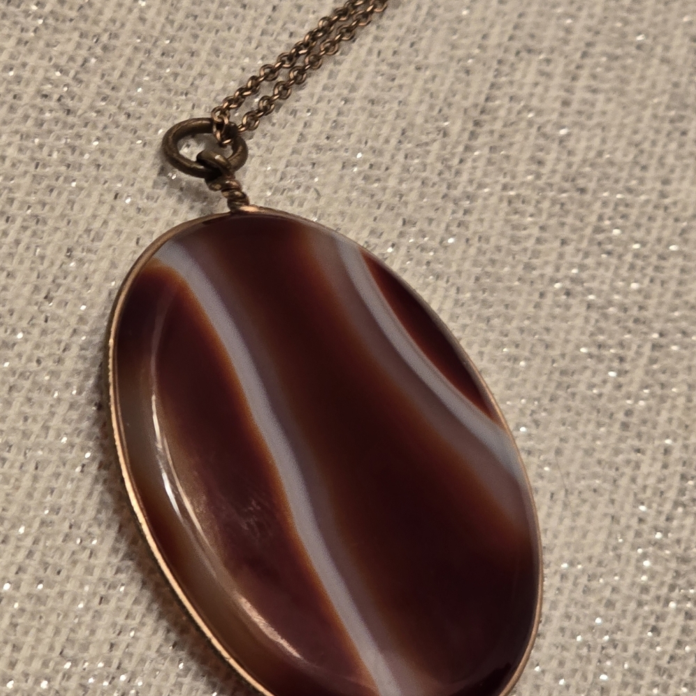 Vintage Brown Agate Pendant Goldtone Wire Wrapped W Chain - Picture 3 of 7